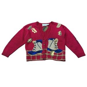 Vintage Robert Scott M Hand Knit Lace up Boot Cardigan Sweater Womens Fall Leaf